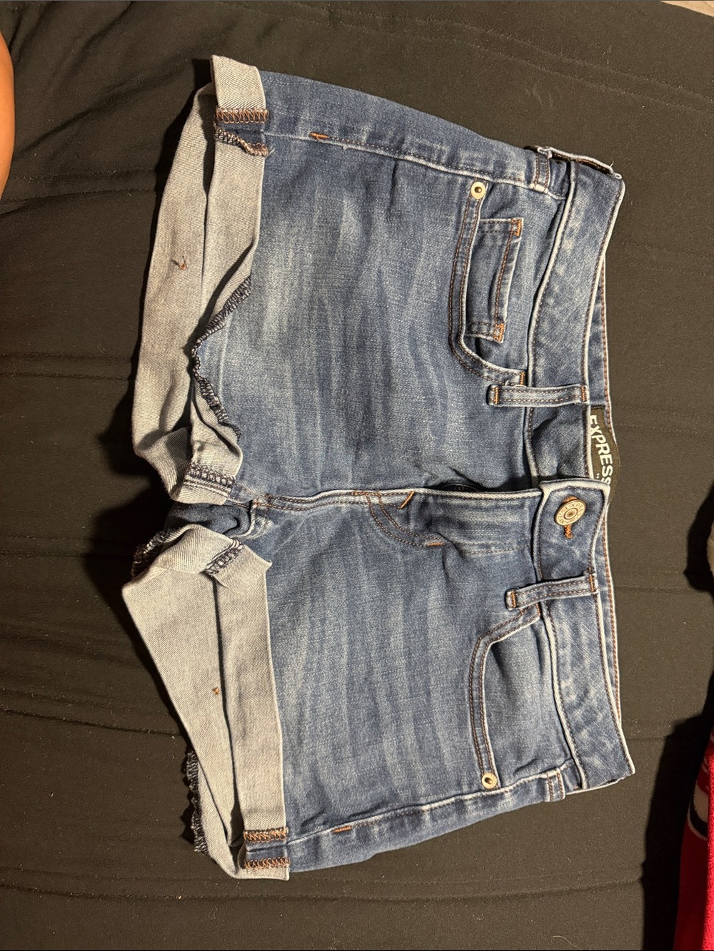 Express Mid-Blue Rolled Hem Denim Shorts